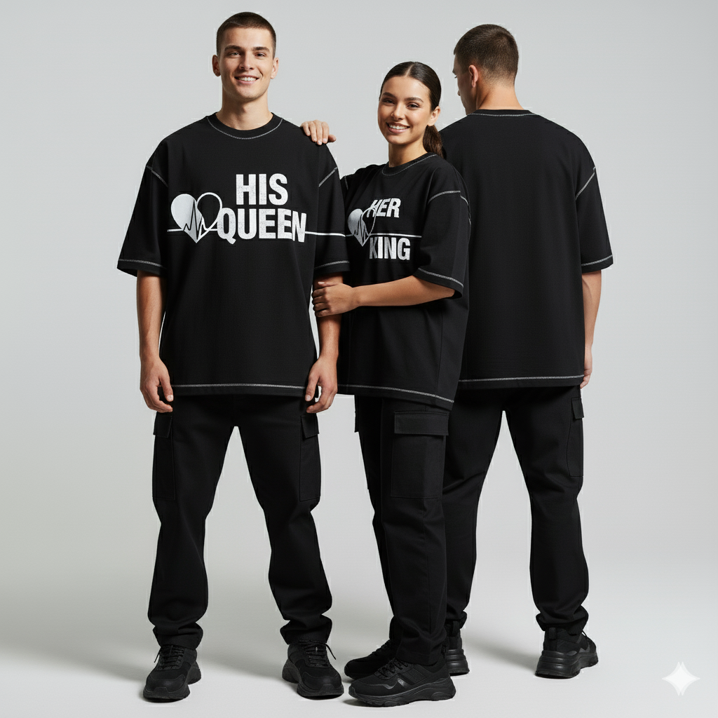 HIS QUEEN / HER KING Couple Design Drop Shoulders