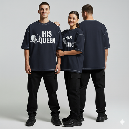 HIS QUEEN / HER KING Couple Design Drop Shoulders